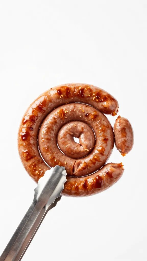 Stainless steel tongs gripping a boerewors spiral