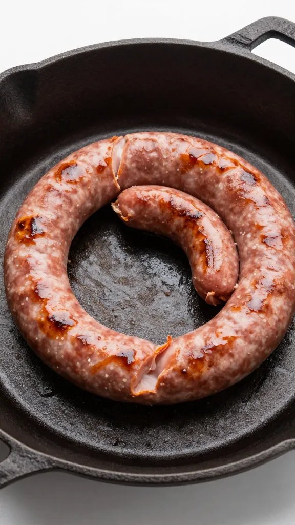 Cast-iron pan searing a single boerewors coil