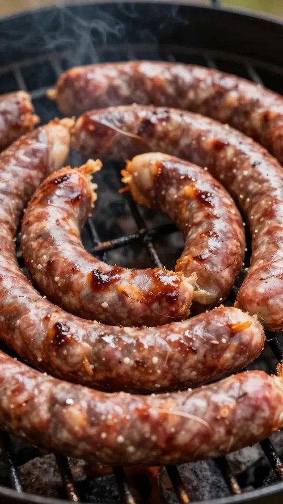 closeup of boerewors coil on hot braai grate