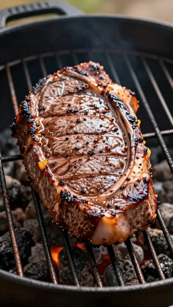 seasoned beef ribeye on cast-iron braai grid