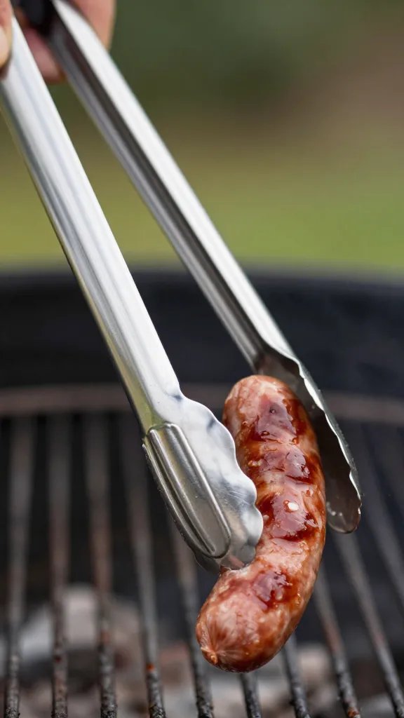 gleaming stainless braai tongs holding boerewors tip