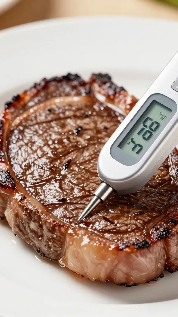 digital meat thermometer inserted in steak
