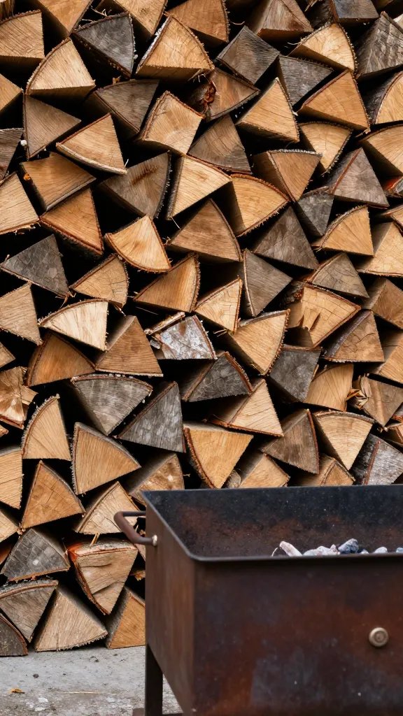stack of firewood logs beside metal braai pit
