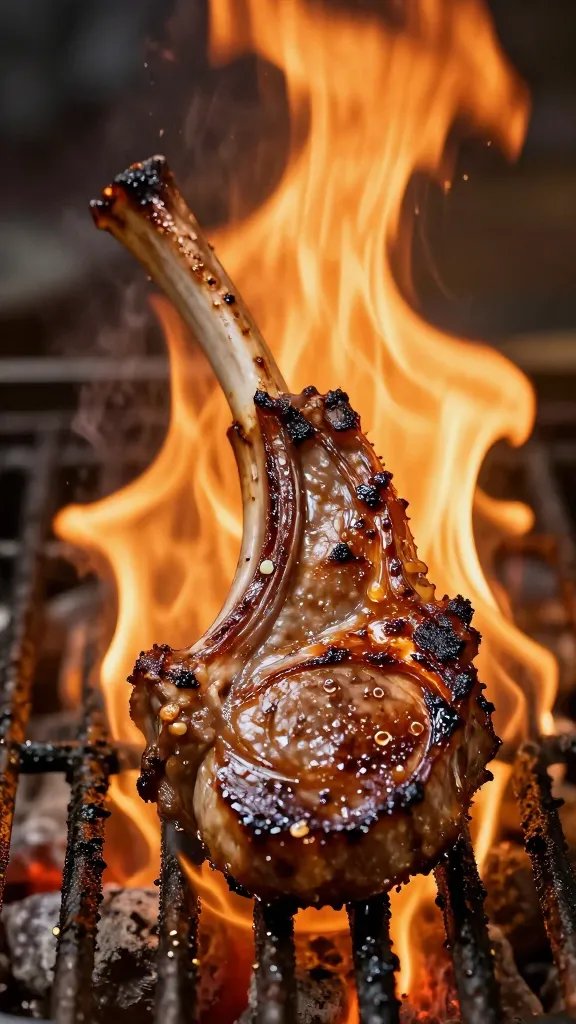 glazed lamb chop on grill grates, flames licking