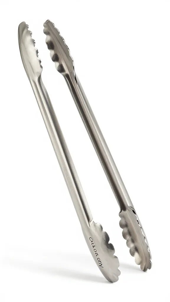 stainless tongs labeled “cooked only,” isolated