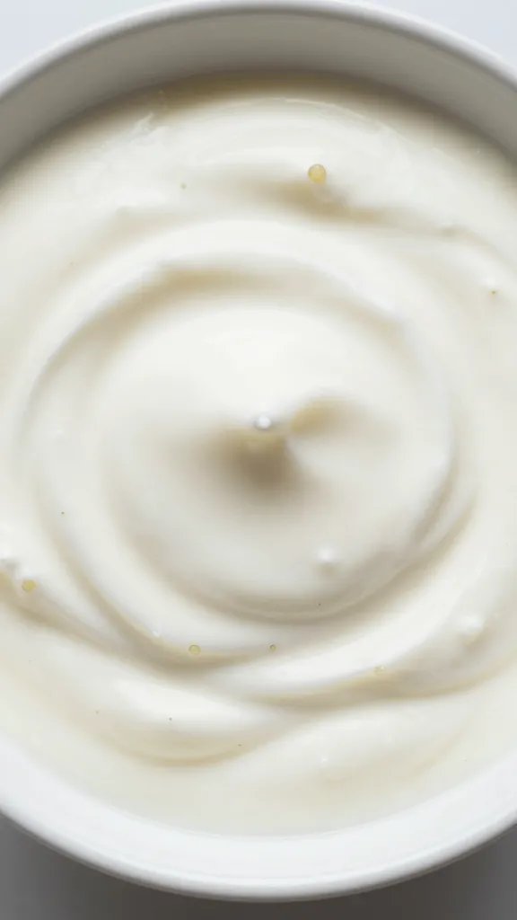 bowl of yogurt-garlic sauce, swirled surface