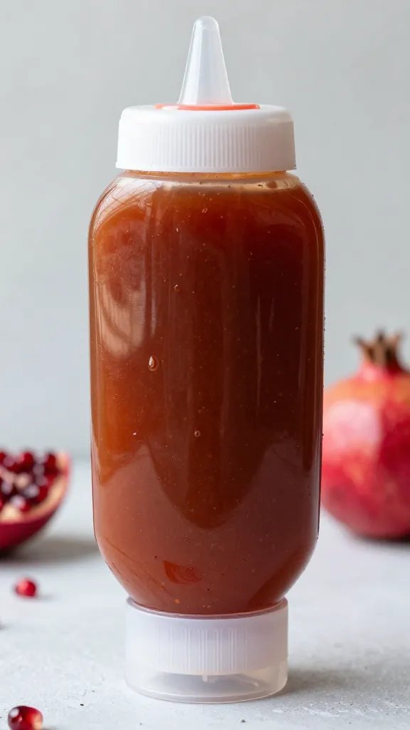 squeeze bottle of tangy pomegranate BBQ sauce