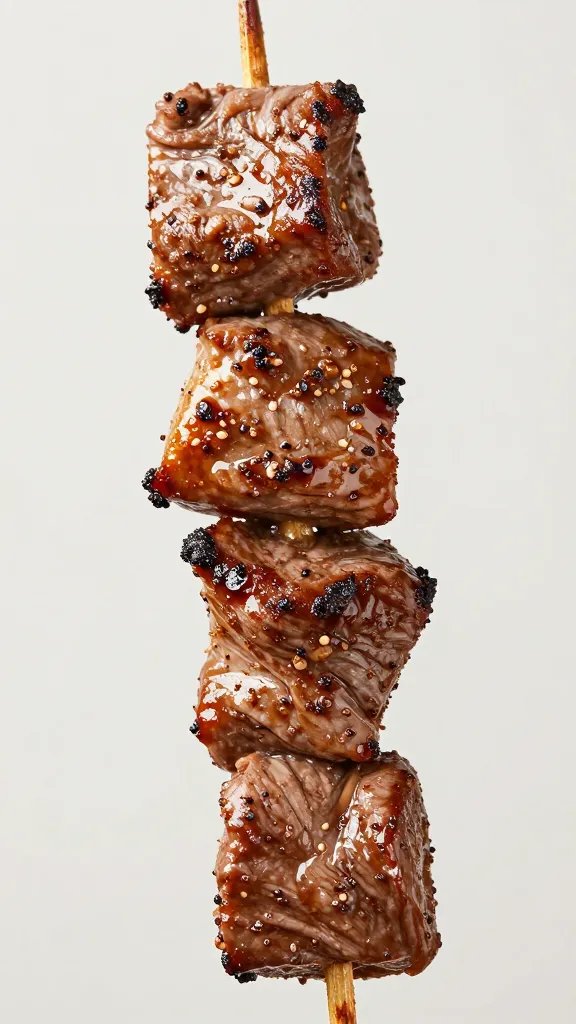 spice-rubbed beef kebab skewer, macro shot