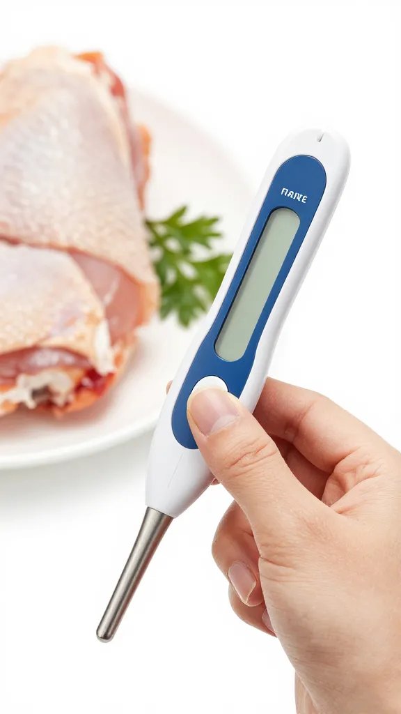 instant-read thermometer probing chicken thigh