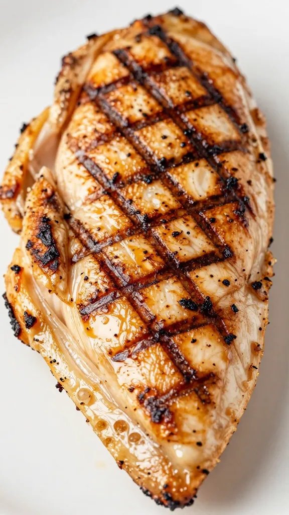 Closeup of charred citrus chicken breast with grill marks