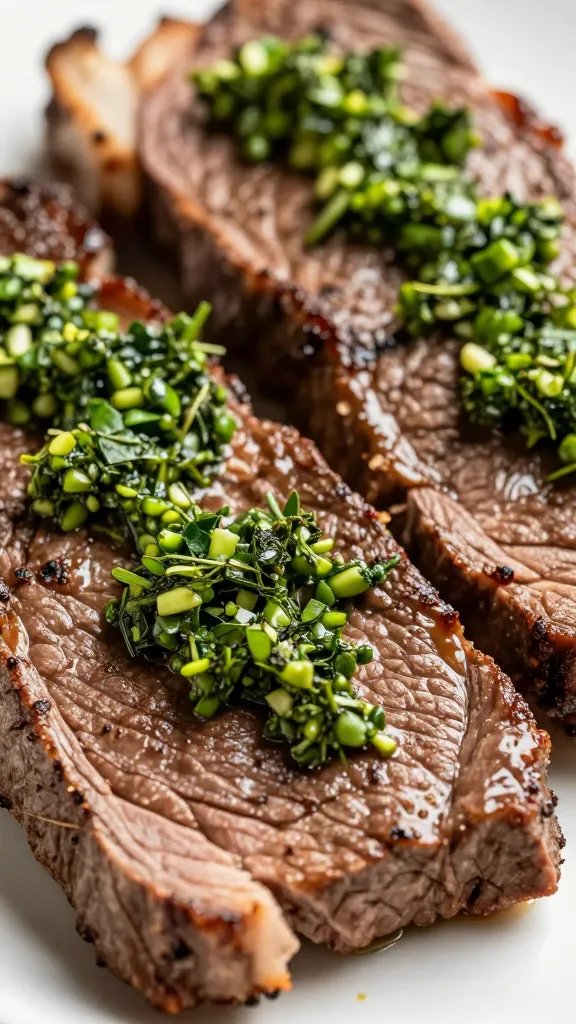 Flank steak slices topped with herb chimichurri, macro shot