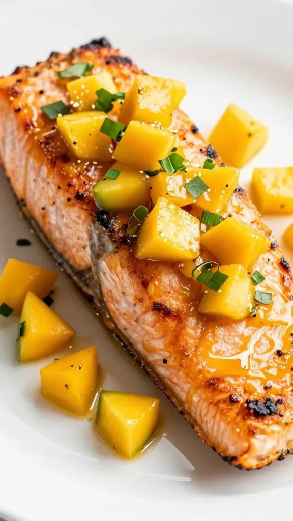 Grilled salmon fillet with glossy mango salsa, closeup