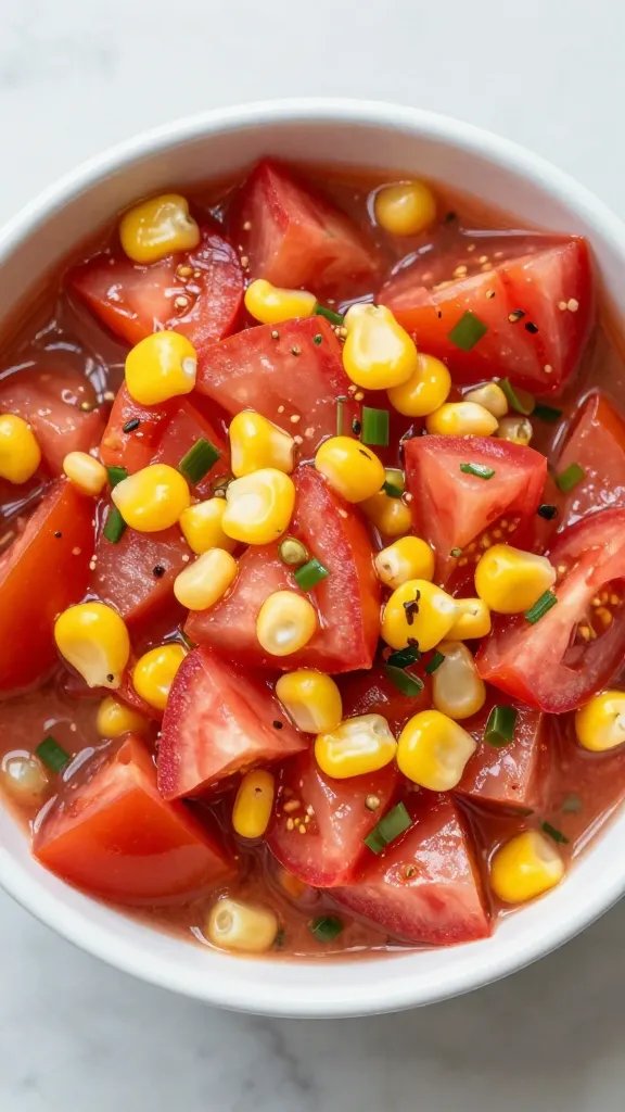 Bowl of fresh tomato-corn salsa, tight overhead shot