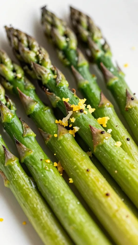 Grilled asparagus spears with lemon zest, macro detail
