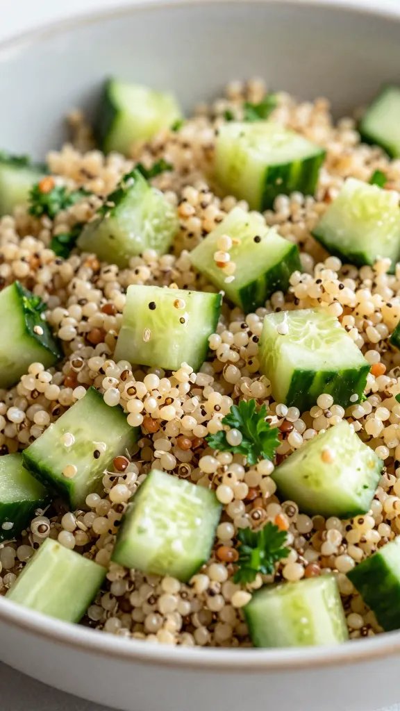 Quinoa salad with diced cucumber and parsley, close focus