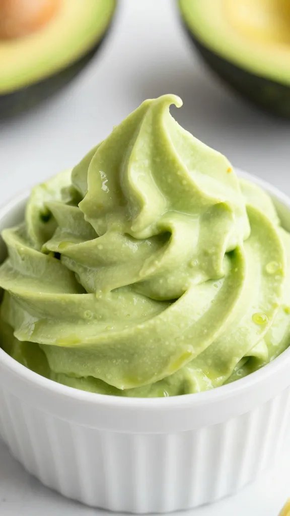 Avocado lime crema swirl in small ramekin, closeup