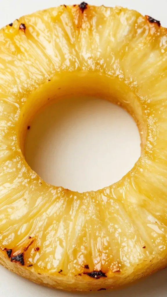 Grilled pineapple ring with light char, macro shot