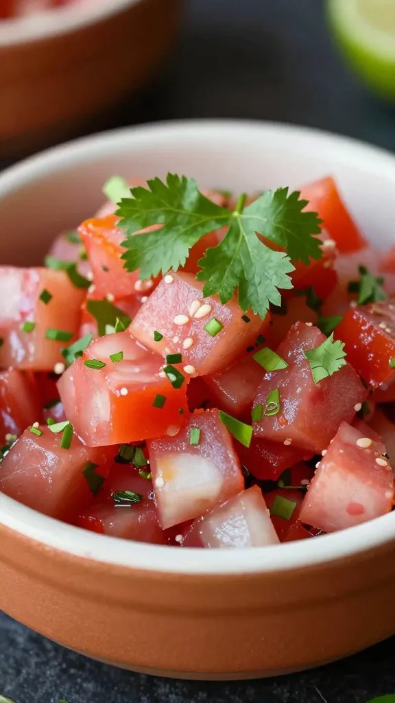 Small bowl of pico de gallo with cilantro garnish, closeup
