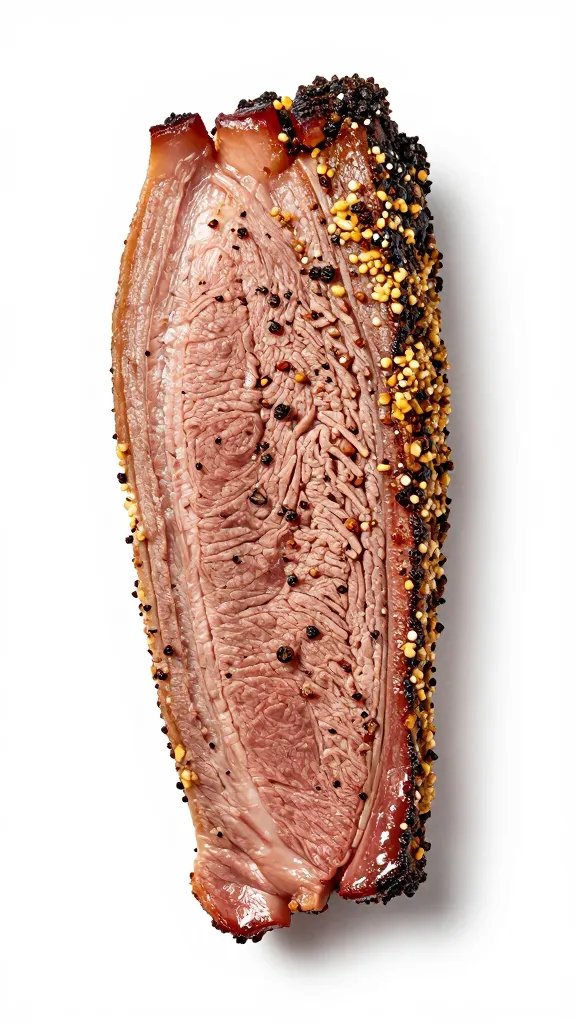 single brisket slice with pepper-garlic bark, no-salt rub