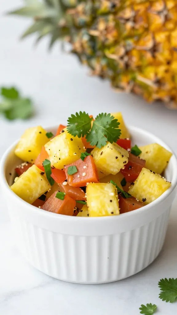charred pineapple salsa in small ramekin, cilantro garnish