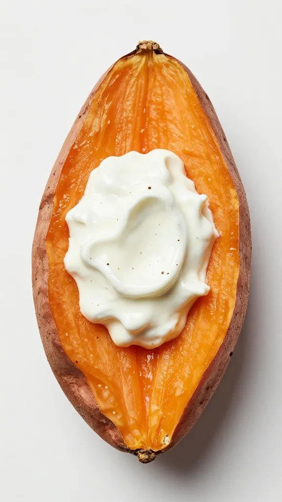 smoked sweet potato half with paprika-yogurt dollop