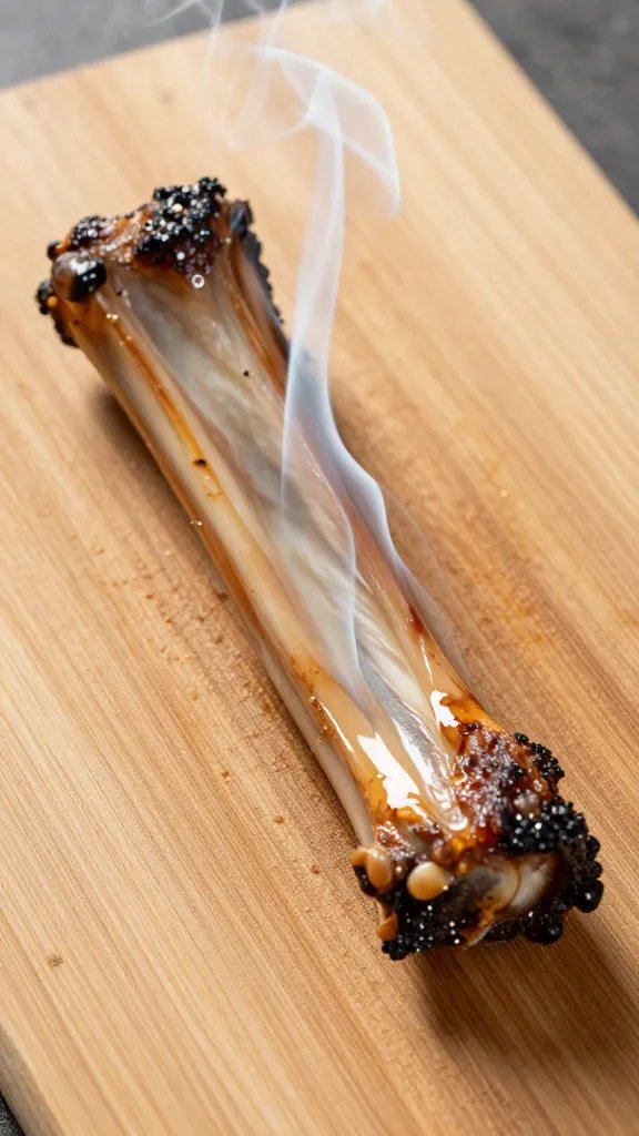 mesquite smoke curling from single rib on cutting board