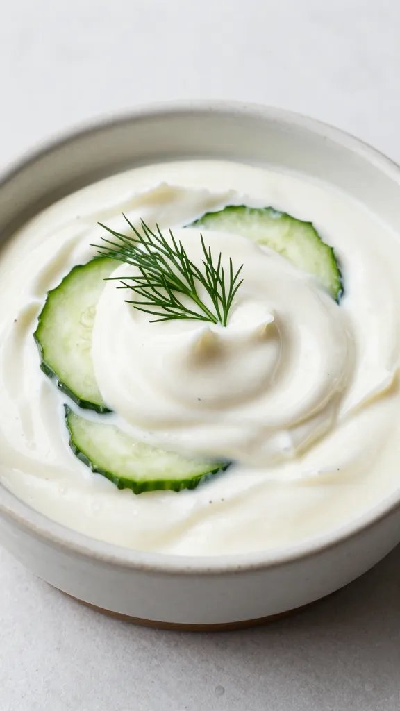 cucumber-yogurt dip swirl in ceramic dish, dill sprig