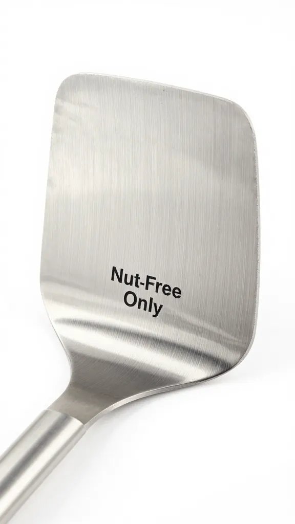 Stainless grill spatula labeled “Nut-Free Only,” macro shot