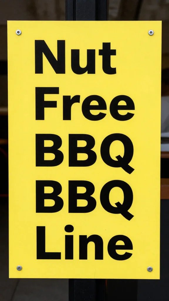 Bright yellow “Nut-Free BBQ Line” sign, shallow depth