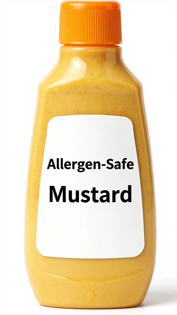 Single squeeze bottle labeled “Allergen-Safe Mustard,” closeup