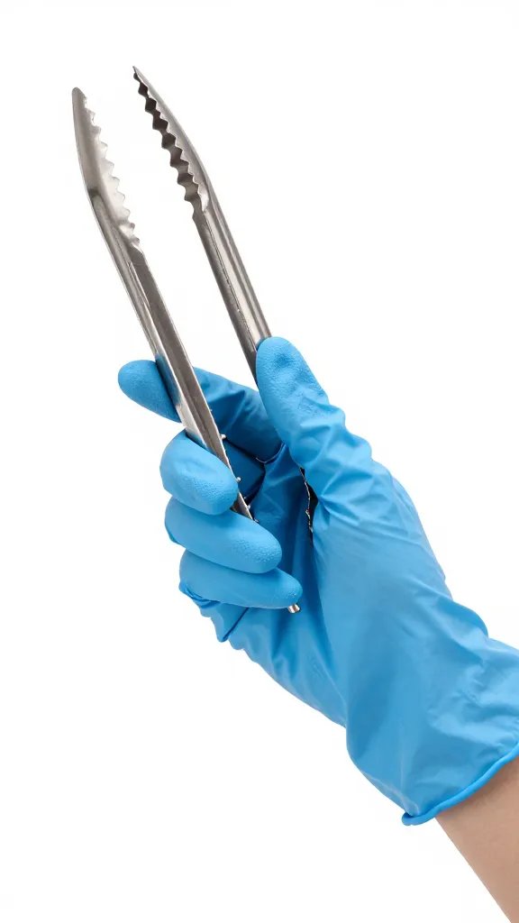 Blue nitrile glove holding tongs, tight crop
