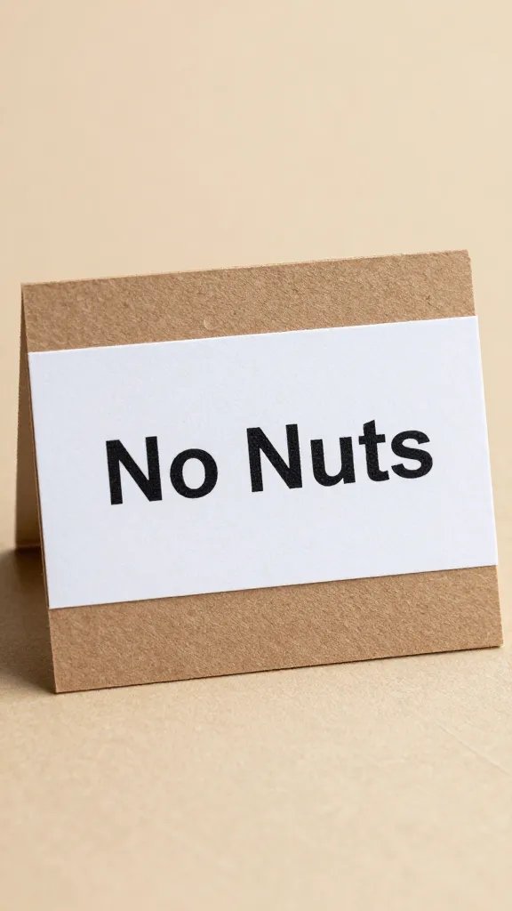 Laminated ingredient card reading “No Nuts,” tabletop closeup