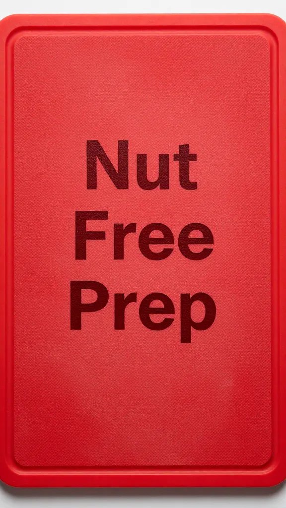 Red cutting board marked “Nut-Free Prep,” overhead closeup