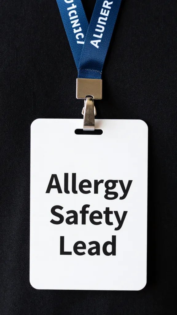 Volunteer badge reading “Allergy Safety Lead,” lanyard closeup