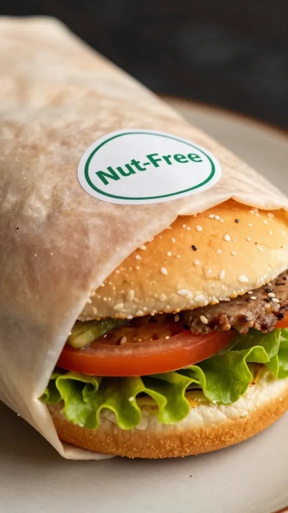 Wrapped burger with “Nut-Free” sticker, tight focus