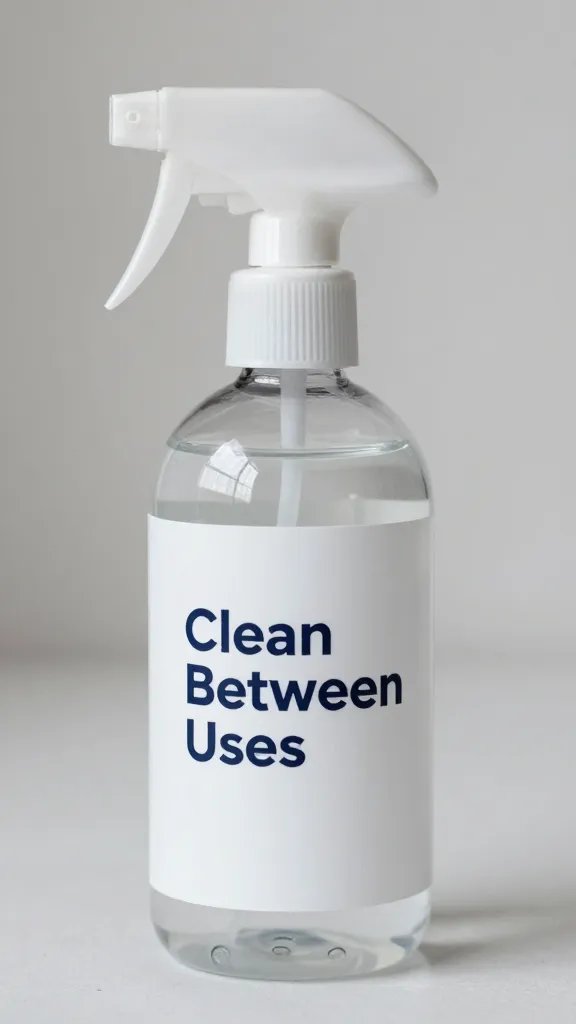 Sanitizer spray bottle labeled “Clean Between Uses,” closeup