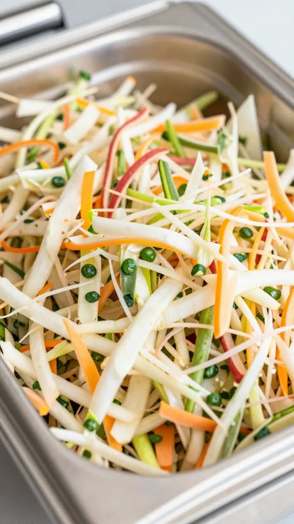 Closeup of vegan coleslaw in stainless buffet pan