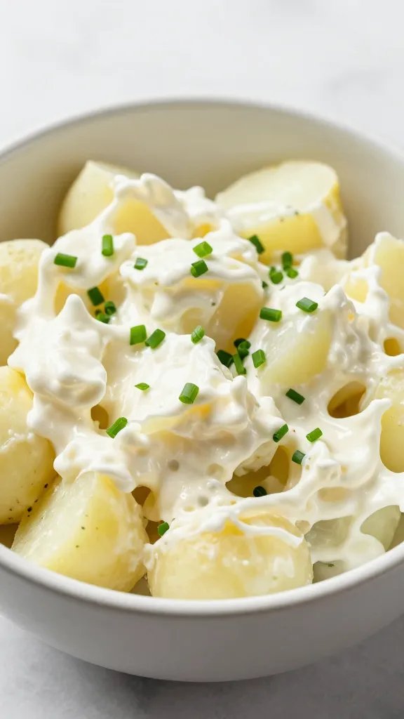 Single bowl of dairy-free potato salad with chives