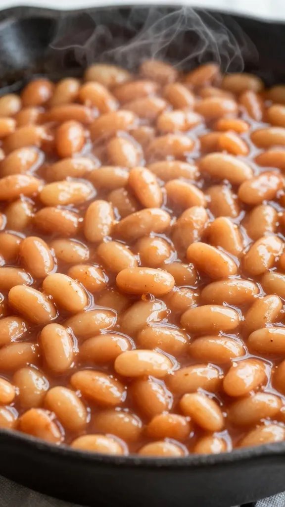 Closeup of smoky baked beans in cast-iron skillet