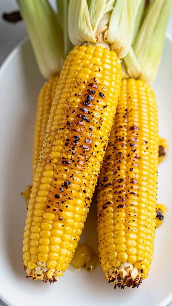 Grilled corn on the cob brushed with chili-lime oil