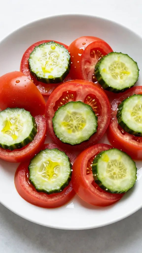 Single platter of tomato-cucumber salad with olive oil sheen