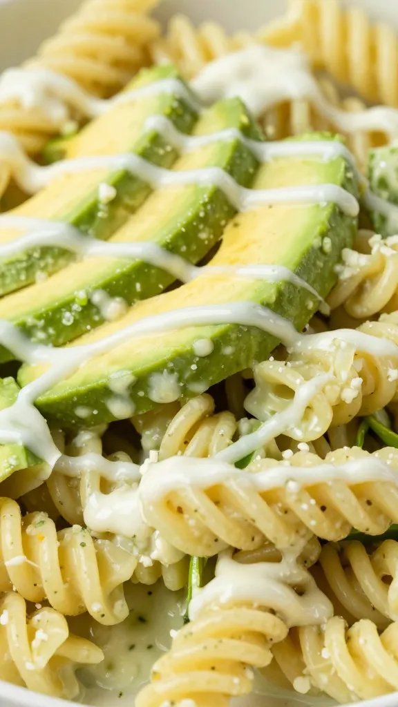 Closeup of creamy avocado pasta salad, vegan mayo glaze
