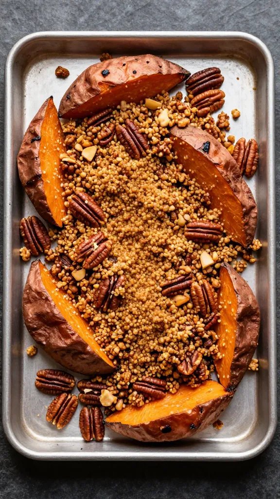 Single tray of roasted sweet potatoes, maple-pecan crumble