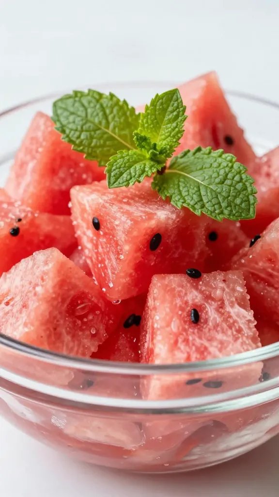 Closeup of watermelon mint salad in clear glass bowl