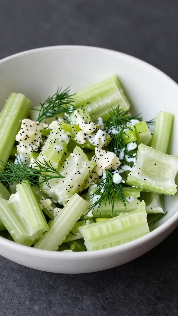 Single serving of dairy-free mac salad, celery and dill
