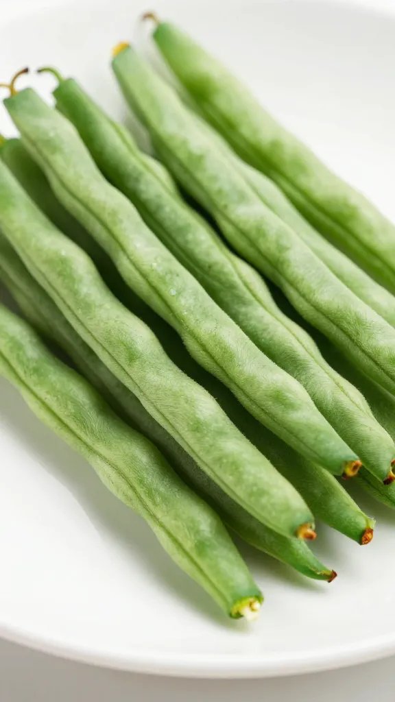 Closeup of lemon-garlic green beans on white plate