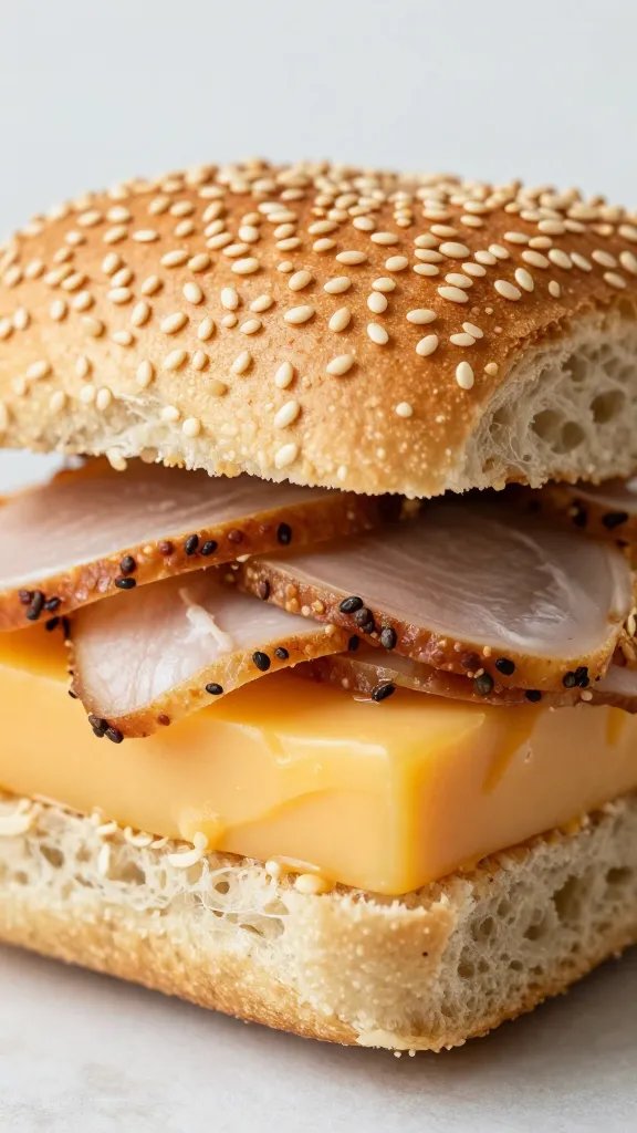 closeup turkey-and-cheddar slider on sesame brioche