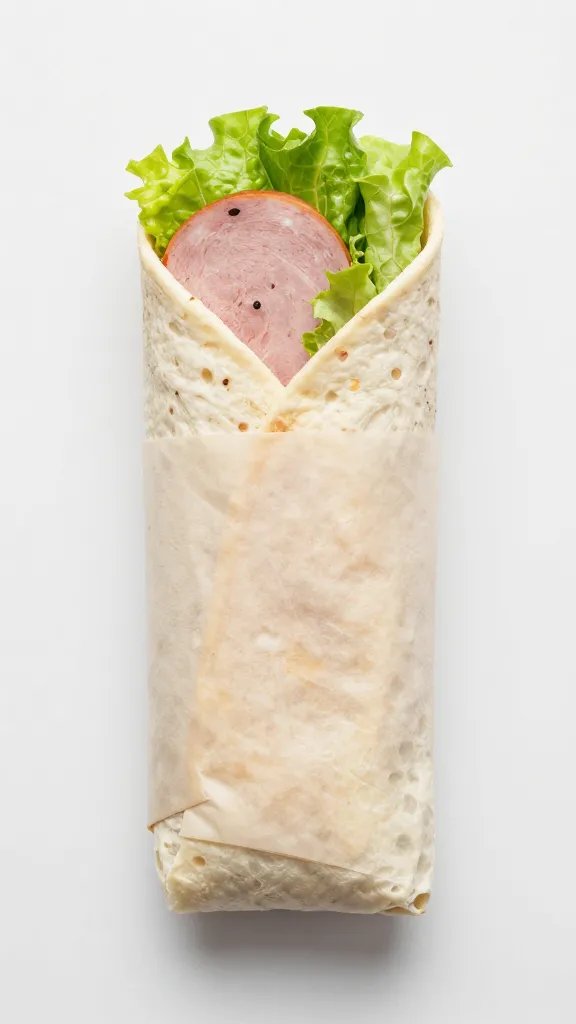 single ham wrap with lettuce in parchment sleeve