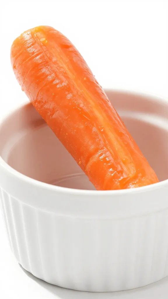 closeup ranch-dipped carrot stick on white ramekin