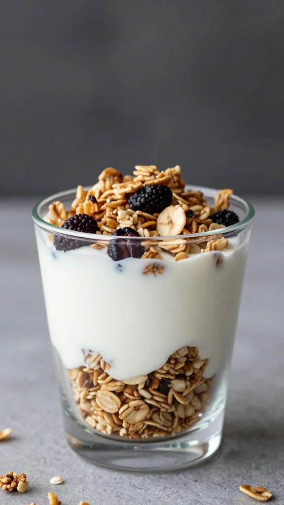 single yogurt parfait with granola in clear cup